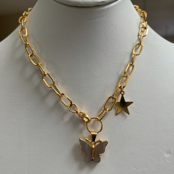 Taupe crystal butterfly & star charm paperclip gold tone necklace - Picture 6 of 8